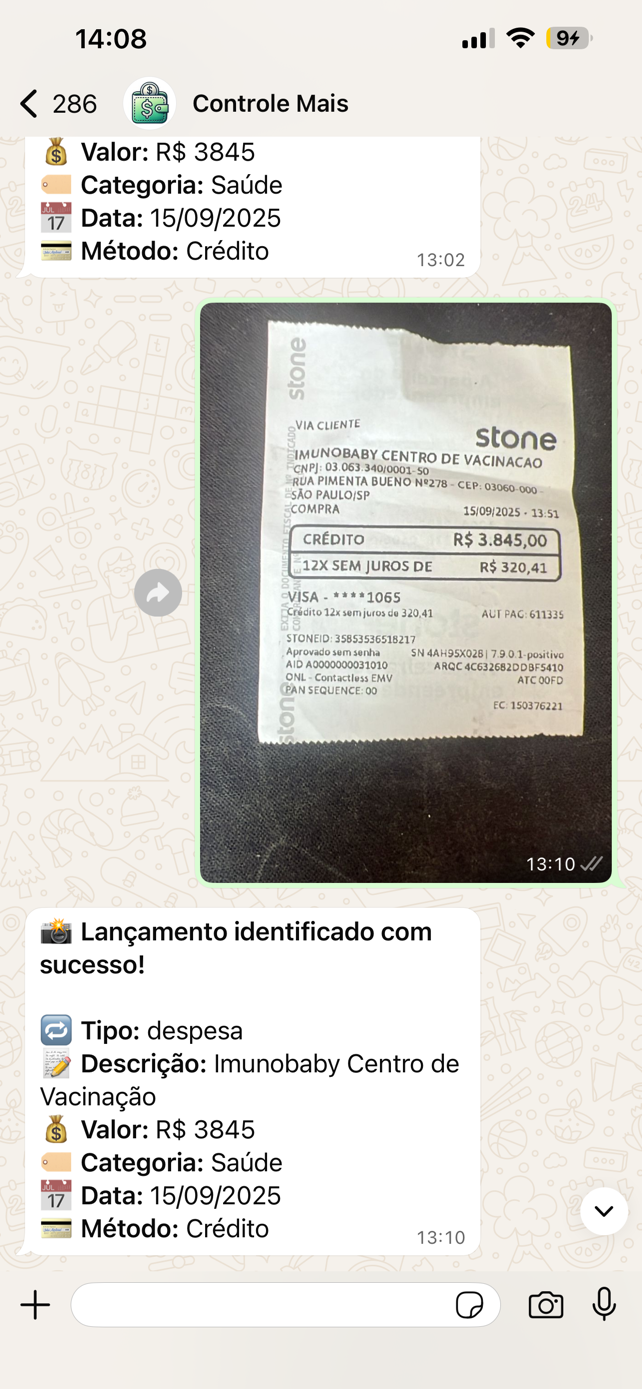 Envio de comprovante por imagem no WhatsApp